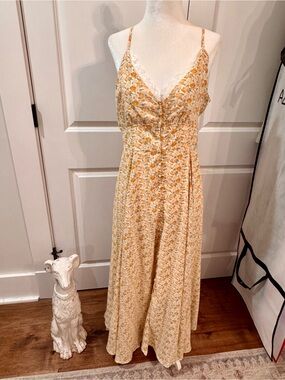 Three Bird Nest Floral Lace-Trim Spaghetti-Strap Maxi Dress in Yellow
